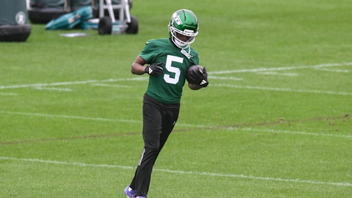 Jun 10, 2025; East Rutherford, NJ, USA; New York Jets wide receiver Garrett Wilson (5) during minicamp at Atlantic Health Jets Training Center. Mandatory Credit: John Jones-Imagn Images