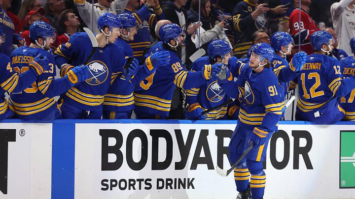 May 6, 2026; Buffalo, New York, USA; Buffalo Sabres right wing Josh Doan (91) celebrates his goal with teammates during the first period against the Montréal Canadiens in game one of the second round of the 2026 Stanley Cup Playoffs at KeyBank Center. Mandatory Credit: Timothy T. Ludwig-Imagn Images