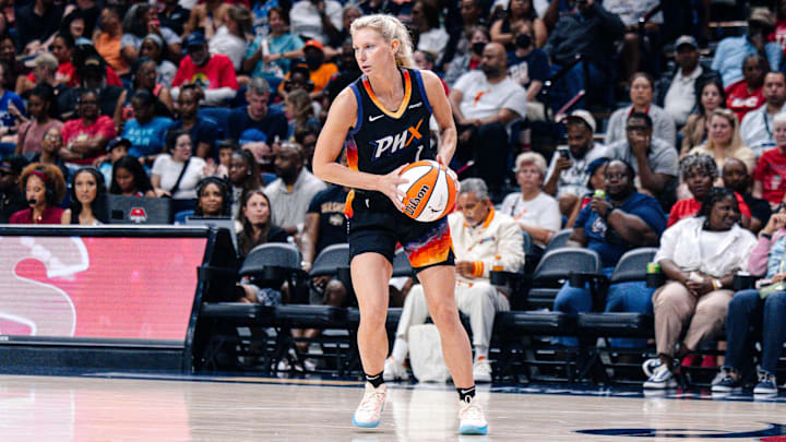 Jul 27, 2025; Washington, District of Columbia, USA; Phoenix Mercury guard Lexi Held (1) controls the ball in the first half against the Washington Mystics at CareFirst Arena. Mandatory Credit: Emily Faith Morgan-Imagn Images