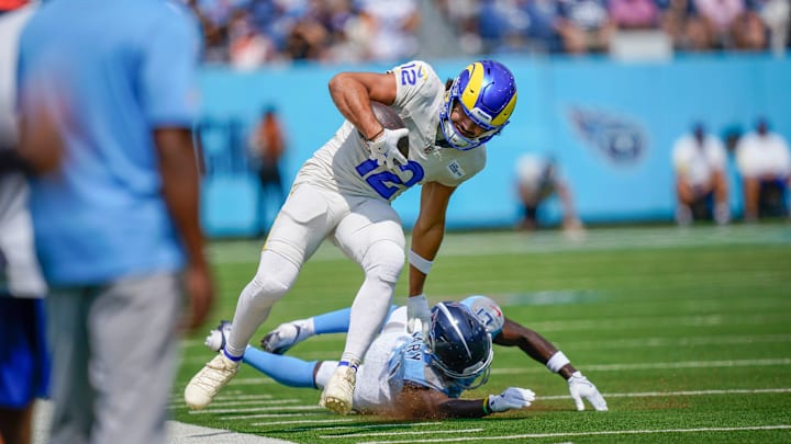 Los Angeles Rams wide receiver Puka Nacua (12) is knocked out of bounds by Tennessee Titans cornerback Roger McCreary (21) during the first quarter at Nissan Stadium in Nashville, Tenn., Sunday, Sept. 14, 2025. Los Angeles Rams wide receiver Puka Nacua (12) is knocked out of bounds by Tennessee Titans cornerback Roger McCreary (21) during the first quarter at Nissan Stadium in Nashville, Tenn., Sunday, Sept. 14, 2025.