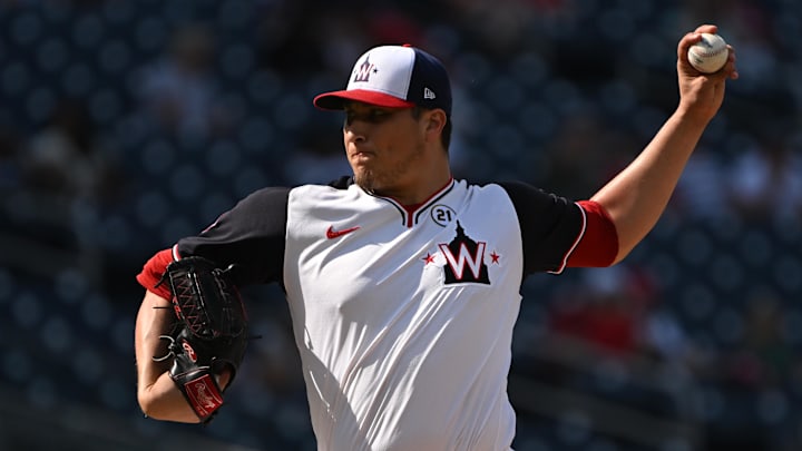 Sep 15, 2024; Washington, District of Columbia, USA; Washington Nationals relief pitcher Robert Garcia (61) throws a pitch against the Miami Marlins during the seventh inning at Nationals Park. 