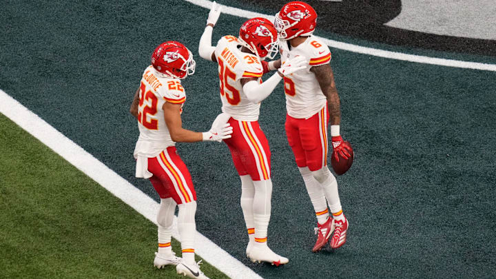 Feb 9, 2025; New Orleans, LA, USA; Kansas City Chiefs safety Bryan Cook (6) reacts with cornerback Jaylen Watson (35) and cornerback Trent McDuffie (22) after an interception during the second quarter in Super Bowl LIX  against the Philadelphia Eagles at Caesars Superdome. Mandatory Credit: Kirby Lee-Imagn Images