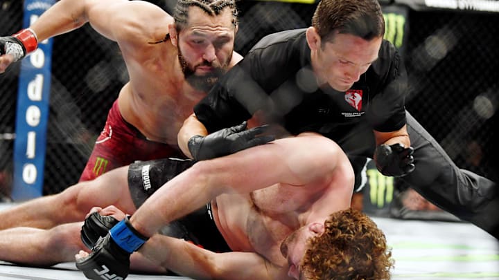 Jul 6, 2019; Las Vegas, NV, USA; Jorge Masvidal (red gloves) punches Ben Askren (blue gloves) as