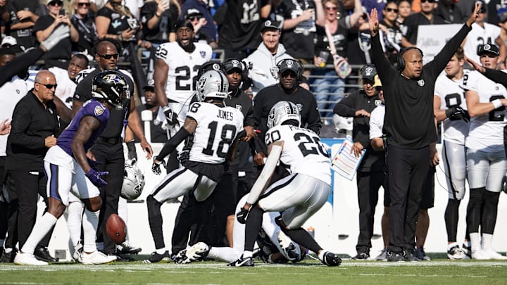 Sep 15, 2024; Baltimore, Maryland, USA; Las Vegas Raiders head coach Antonio Pierce reacts after the defense makes a stop  during the second half against the Baltimore Ravens at M&T Bank Stadium. Mandatory Credit: Tommy Gilligan-Imagn Images