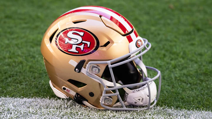Detailed view of a San Francisco 49ers helmet. Detailed view of a San Francisco 49ers helmet.