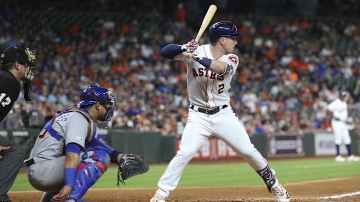 May 28, 2019; Houston, TX, USA;Houston Astros designated hitter Alex Bregman (2) bats against the Chicago Cubs in the eighth inning at Minute Maid Park.