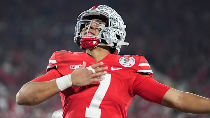 Ohio State quarterback C.J. Stroud celebrates after a touchdown during the Buckeyes' comeback win