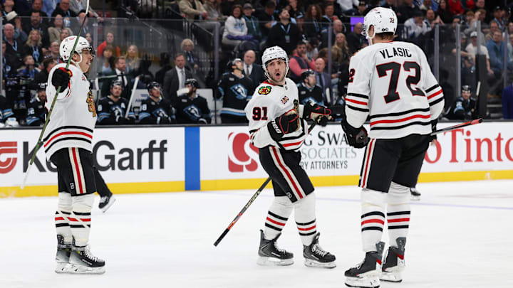 Mar 12, 2026; Salt Lake City, Utah, USA; The Chicago Blackhawks celebrate a goal by center Frank Nazar (91) against the Utah Mammoth during the third period at Delta Center. Mandatory Credit: Rob Gray-Imagn Images