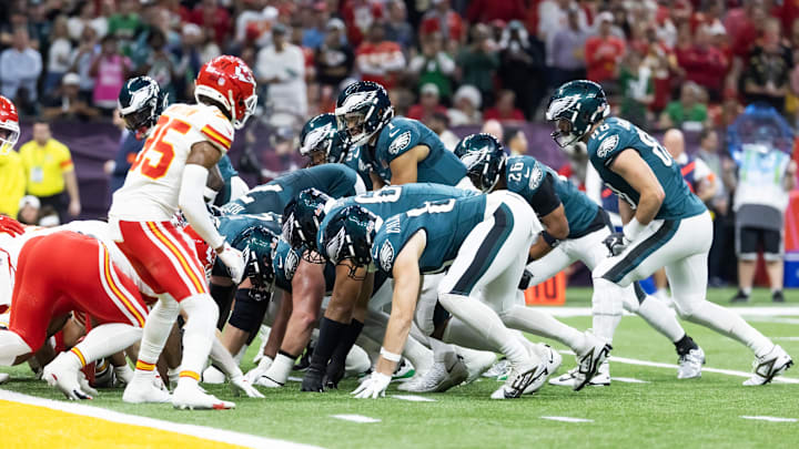 Philadelphia Eagles  quarterback Jalen Hurts (1) lines up for the tush push against the Kansas City Chiefs in the Super Bowl.