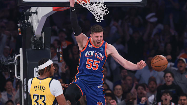 May 14, 2024; New York, New York, USA; New York Knicks center Isaiah Hartenstein (55) reacts after