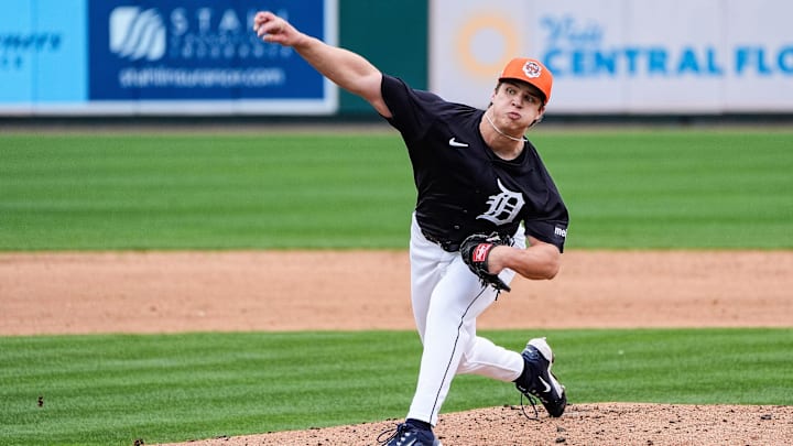 Detroit Tigers pitcher Jackson Jobe throws at batting practice during spring training at Joker Marchant Stadium in Lakeland, Fla. on Thursday, Feb. 20, 2025.