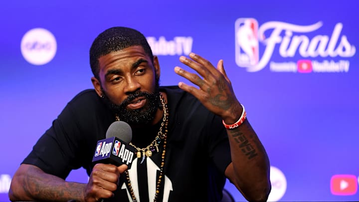 Jun 5, 2024; Boston, MA, USA;  Dallas Mavericks guard Kyrie Irving (11) during the NBA Finals Media Day at TD Garden. Mandatory Credit: Peter Casey-USA TODAY Sports
