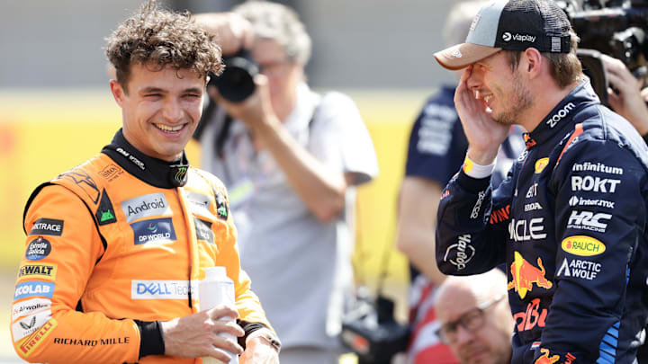 Oct 19, 2024; Austin, Texas, USA;  Sprint Race winner Max Verstappen of Red Bull Racing (right) and third place finisher Lando Norris of McLaren (left) laugh after the Sprint Race at the Formula One US Grand Prix at Circuit of the Americas. Mandatory Credit: Erich Schlegel-Imagn Images