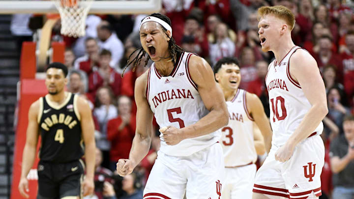 Feb 23, 2025; Bloomington, Indiana, USA; Indiana Hoosiers forward Malik Reneau (5) and Indiana Hoosiers forward Luke Goode (10) celebrate after a play during the second half against the Purdue Boilermakers at Simon Skjodt Assembly Hall. Mandatory Credit: Robert Goddin-Imagn Images