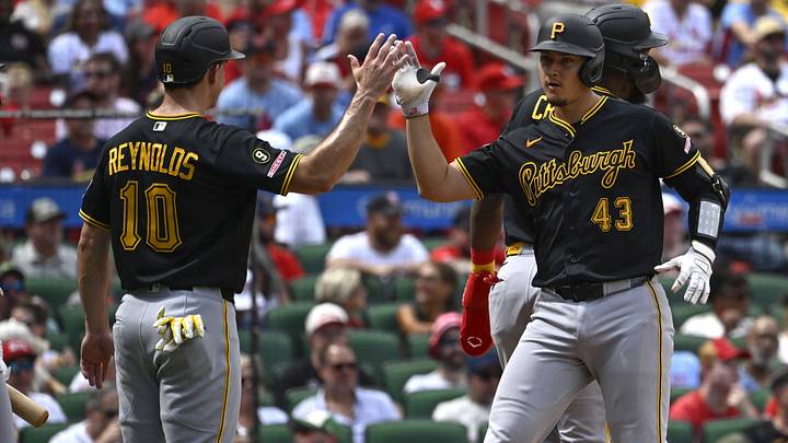Aug 29, 2026; St. Louis, Missouri, USA; Pittsburgh Pirates catcher Rafael Flores Jr. (43) is congratulated by
left fielder Bryan Reynolds (10) after hitting a three-run home run against the St. Louis Cardinals in the fifth inning at Busch Stadium. Mandatory Credit: Joe Puetz-Imagn Images Aug 29, 2026; St. Louis, Missouri, USA; Pittsburgh Pirates catcher Rafael Flores Jr. (43) is congratulated by
left fielder Bryan Reynolds (10) after hitting a three-run home run against the St. Louis Cardinals in the fifth inning at Busch Stadium. Mandatory Credit: Joe Puetz-Imagn Images