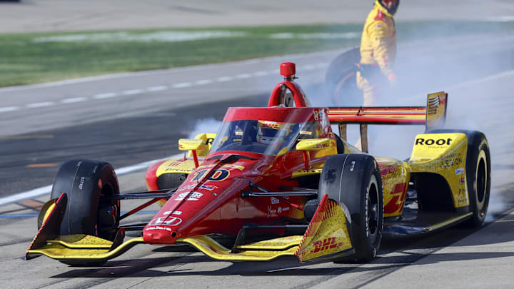 Sep 15, 2024; Nashville, Tennessee, USA;  Chip Ganassi Racing driver Álex Palou (10) of Spain peels out after a pit stop during the Big Machine Music City Gran Prix at Nashville Superspeedway. Mandatory Credit: Butch Dill-Imagn Images