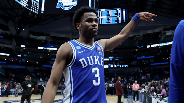 Mar 29, 2024; Dallas, TX, USA; Duke basketball guard Jeremy Roach (3) celebrates after defeating