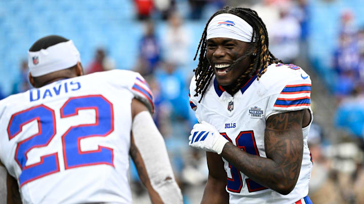 Oct 26, 2025; Charlotte, North Carolina, USA; Buffalo Bills running back Ray Davis (22) celebrates with cornerback Maxwell Hairston (31) after a game against the Carolina Panthers at Bank of America Stadium. Oct 26, 2025; Charlotte, North Carolina, USA; Buffalo Bills running back Ray Davis (22) celebrates with cornerback Maxwell Hairston (31) after a game against the Carolina Panthers at Bank of America Stadium.
