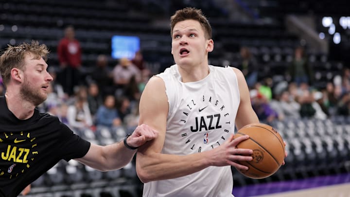 Mar 17, 2025; Salt Lake City, Utah, USA;  Utah Jazz center Walker Kessler (24) warms up before the game against the Chicago Bulls at Delta Center. Mandatory Credit: Chris Nicoll-Imagn Images