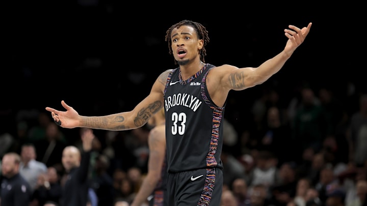 Jan 23, 2026; Brooklyn, New York, USA; Brooklyn Nets center Nic Claxton (33) reacts during the fourth quarter against the Boston Celtics at Barclays Center. Mandatory Credit: Brad Penner-Imagn Images