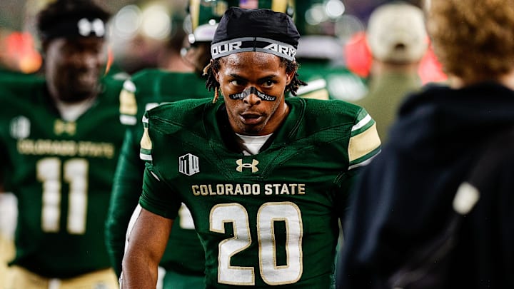 Oct 10, 2025; Fort Collins, Colorado, USA; Colorado State Rams running back Justin Marshall (20) in the first quarter against the Fresno State Bulldogs at Sonny Lubick Field at Canvas Stadium. Mandatory Credit: Isaiah J. Downing-Imagn Images