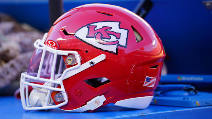 Nov 10, 2024; Kansas City, Missouri, USA; A general view of a Kansas City Chiefs helmet after the win over the Denver Broncos at GEHA Field at Arrowhead Stadium. Mandatory Credit: Denny Medley-Imagn Images
