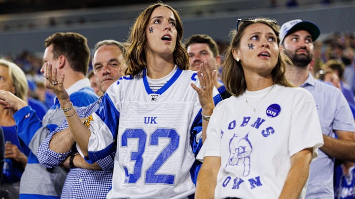 Oct 18, 2025; Lexington, Kentucky, USA; Kentucky Wildcats fans react after a missed field goal during the second quarter against the Texas Longhorns at Kroger Field. Mandatory Credit: Jordan Prather-Imagn Images