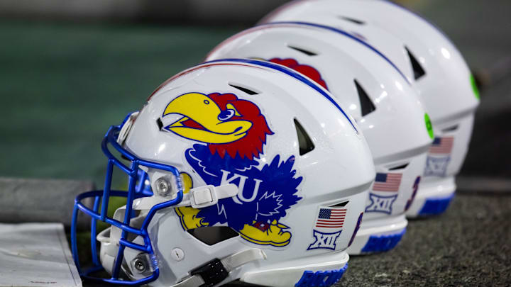Oct 5, 2024; Tempe, Arizona, USA; Detailed view of Kansas Jayhawks helmet at Mountain America Stadium. Mandatory Credit: Mark J. Rebilas-Imagn Images