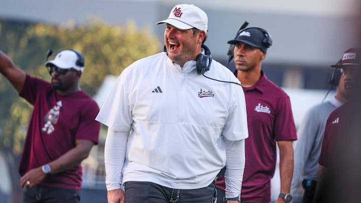 Mississippi State Bulldogs head coach Jeff Lebby reacts during the second half against the Tennessee Volunteers at Davis Wade Stadium at Scott Field.