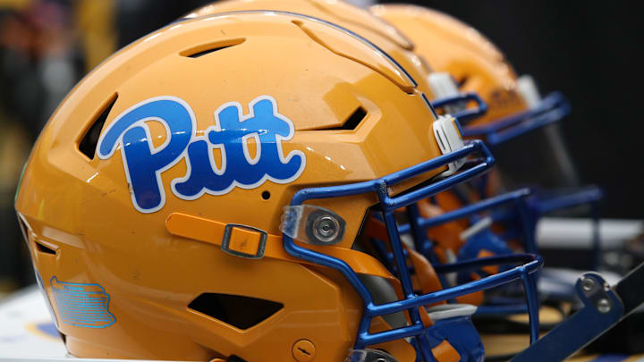 Sep 6, 2025; Pittsburgh, Pennsylvania, USA;  Pittsburgh Panthers helmets on the sidelines against the Central Michigan Chippewas during the first quarter at Acrisure Stadium. Mandatory Credit: Charles LeClaire-Imagn Images