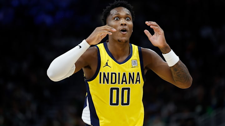 Indiana Pacers wing Bennedict Mathurin (00) during a playoff game.