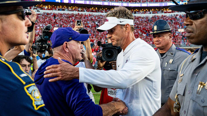 LSU head coach Brian Kelly and Ole Miss head coach Lane Kiffin shake hands after a college football game between Ole Miss and LSU at Vaught-Hemingway Stadium in Oxford, Miss., on Saturday, Sept. 27, 2025. Ole Miss defeated LSU 24-19. LSU head coach Brian Kelly and Ole Miss head coach Lane Kiffin shake hands after a college football game between Ole Miss and LSU at Vaught-Hemingway Stadium in Oxford, Miss., on Saturday, Sept. 27, 2025. Ole Miss defeated LSU 24-19.