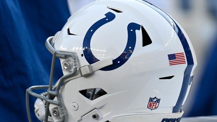 Dec 1, 2024; Foxborough, Massachusetts, USA; An Indianapolis Colts helmet sits on an equipment case during the first half against the New England Patriots at Gillette Stadium. Mandatory Credit: Eric Canha-Imagn Images