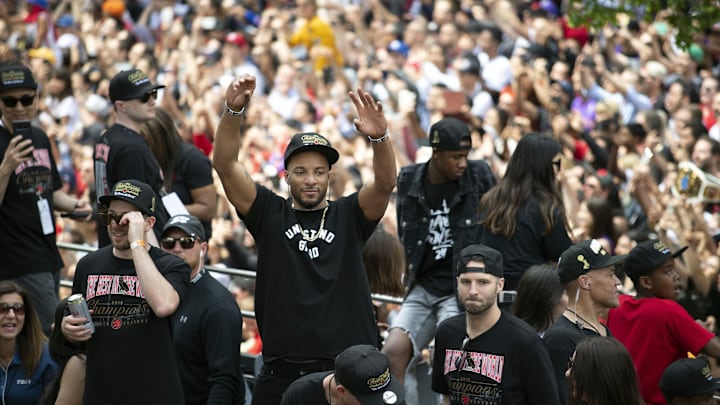 Toronto Raptors guard Norman Powell acknowledges the crowd during the Toronto Raptors Championship Parade. 