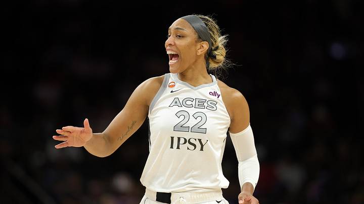 Jun 17, 2026; Phoenix, Arizona, USA; Las Vegas Aces center A'ja Wilson (22) reacts against the Phoenix Mercury in the first half at Mortgage Matchup Center. Mandatory Credit: Mark J. Rebilas-Imagn Images