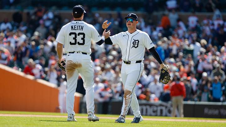 Apr 11, 2026; Detroit, Michigan, USA; Detroit Tigers first baseman Spencer Torkelson (20) celebrates with Detroit Tigers second baseman Colt Keith (33) after their win over the Miami Marlins at Comerica Park. Mandatory Credit: Brian Bradshaw Sevald-Imagn Images Apr 11, 2026; Detroit, Michigan, USA; Detroit Tigers first baseman Spencer Torkelson (20) celebrates with Detroit Tigers second baseman Colt Keith (33) after their win over the Miami Marlins at Comerica Park. Mandatory Credit: Brian Bradshaw Sevald-Imagn Images