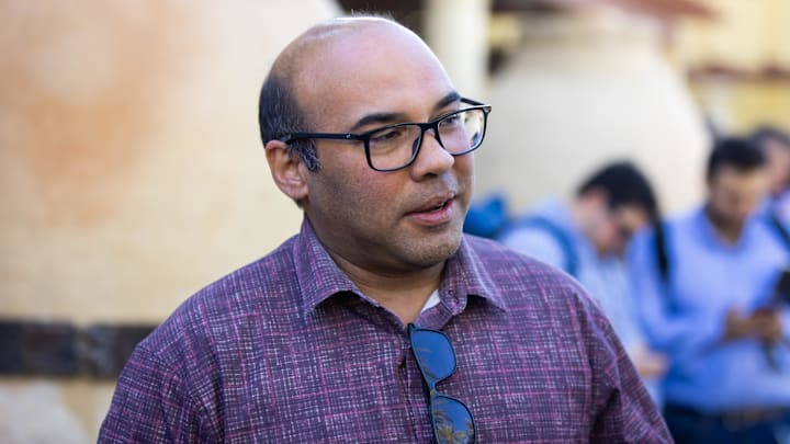 Nov 8, 2023; Scottsdale, AZ, USA; San Francisco Giants president of baseball operations Farhan Zaidi speaks to the media during the MLB General Manager's Meetings at Omni Scottsdale Resort & Spa. Mandatory Credit: Mark J. Rebilas-USA TODAY Sports