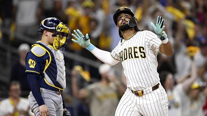 Oct 7, 2026; San Diego, California, USA; San Diego Padres right fielder Fernando Tatis Jr. (23) celebrates after hitting a solo home run during the third inning against the Milwaukee Brewers in game four of the NLDS for the 2026 MLB Playoffs at Petco Park. Mandatory Credit: Denis Poroy-Imagn Images Oct 7, 2026; San Diego, California, USA; San Diego Padres right fielder Fernando Tatis Jr. (23) celebrates after hitting a solo home run during the third inning against the Milwaukee Brewers in game four of the NLDS for the 2026 MLB Playoffs at Petco Park. Mandatory Credit: Denis Poroy-Imagn Images