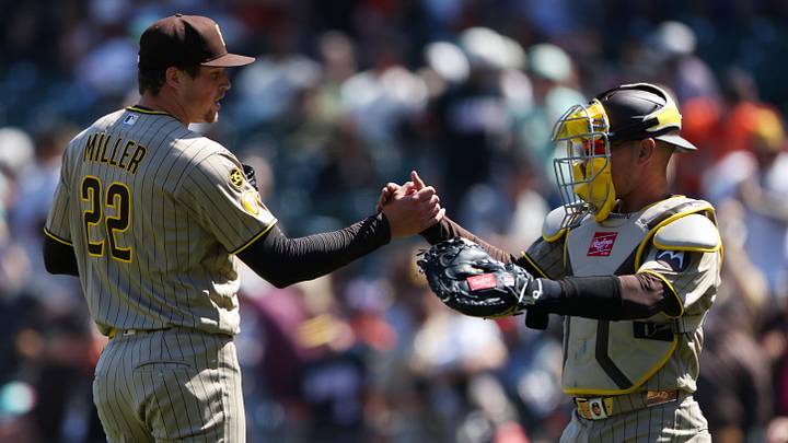 May 6, 2026; San Francisco, California, USA; San Diego Padres pitcher Mason Miller (22) celebrates with San Diego Padres catcher Freddy Fermin (54) after the San Diego Padres victory over the San Francisco Giants at Oracle Park. Mandatory Credit: Scott Marshall-Imagn Images May 6, 2026; San Francisco, California, USA; San Diego Padres pitcher Mason Miller (22) celebrates with San Diego Padres catcher Freddy Fermin (54) after the San Diego Padres victory over the San Francisco Giants at Oracle Park. Mandatory Credit: Scott Marshall-Imagn Images