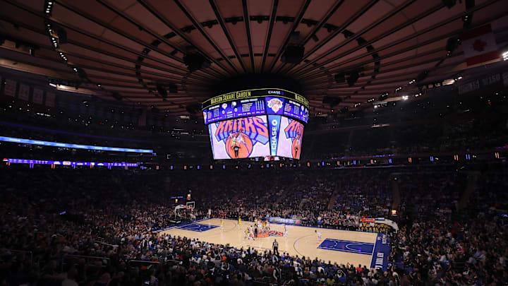 Oct 25, 2024; New York, New York, USA; General view of Madison Square Garden during opening tipoff between the New York Knicks and the Indiana Pacers during the first quarter at Madison Square Garden. Mandatory Credit: Brad Penner-Imagn Images