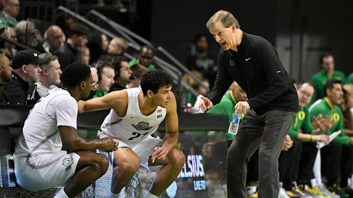 Feb 2, 2025; Eugene, Oregon, USA; Oregon Ducks head coach Dana Altman gives player instructions during the first half against the Nebraska Cornhuskers at Matthew Knight Arena.