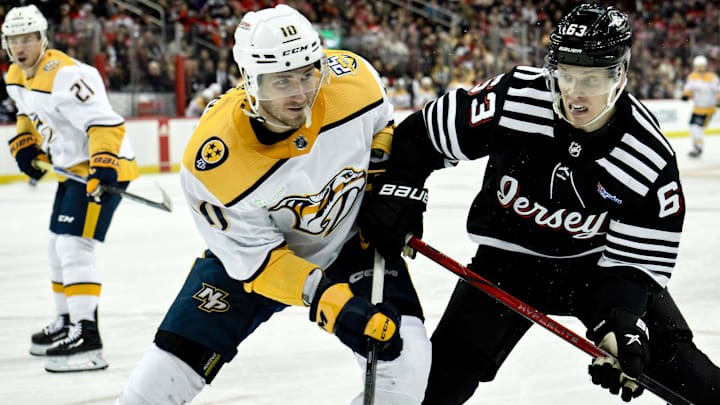 Apr 7, 2024; Newark, New Jersey, USA; Nashville Predators center Colton Sissons (10) and New Jersey