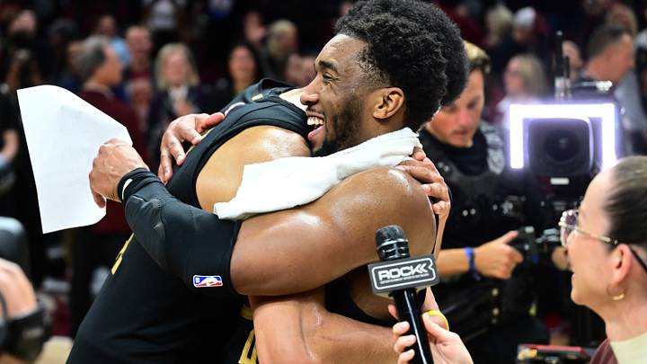May 3, 2026; Cleveland, Ohio, USA; Cleveland Cavaliers guard Donovan Mitchell (45) hugs Cleveland Cavaliers center Jarrett Allen (31) after game seven against the Toronto Raptors In the first round of the 2026 NBA Playoffs at Rocket Arena. Mandatory Credit: Ken Blaze-Imagn Images May 3, 2026; Cleveland, Ohio, USA; Cleveland Cavaliers guard Donovan Mitchell (45) hugs Cleveland Cavaliers center Jarrett Allen (31) after game seven against the Toronto Raptors In the first round of the 2026 NBA Playoffs at Rocket Arena. Mandatory Credit: Ken Blaze-Imagn Images