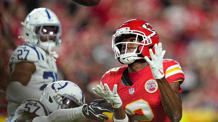 Sep 20, 2026; Kansas City, Missouri, USA; Kansas City Chiefs wide receiver Tyquan Thornton (2) makes a catch defended by Indianapolis Colts linebacker Jaylon Carlies (57) during the third quarter at GEHA Field at Arrowhead Stadium. Mandatory Credit: Jay Biggerstaff-Imagn Images Sep 20, 2026; Kansas City, Missouri, USA; Kansas City Chiefs wide receiver Tyquan Thornton (2) makes a catch defended by Indianapolis Colts linebacker Jaylon Carlies (57) during the third quarter at GEHA Field at Arrowhead Stadium. Mandatory Credit: Jay Biggerstaff-Imagn Images