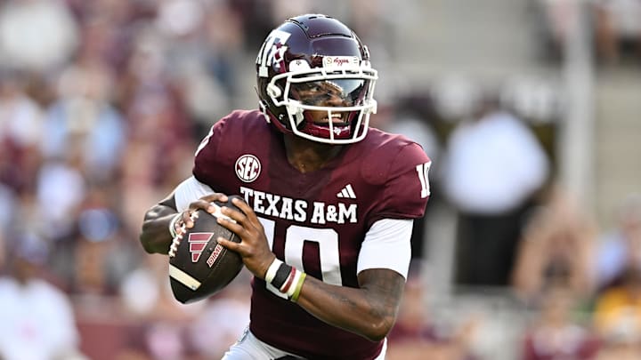 Sep 21, 2024; College Station, Texas, USA; Texas A&M Aggies quarterback Marcel Reed (10) looks to pass the ball during the first quarter against the Bowling Green Falcons at Kyle Field.