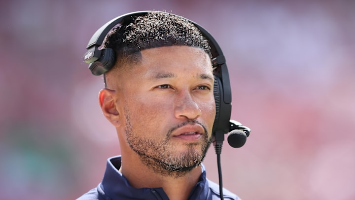 Sep 27, 2025; Fayetteville, Arkansas, USA; Notre Dame Fighting Irish head coach Marcus Freeman.