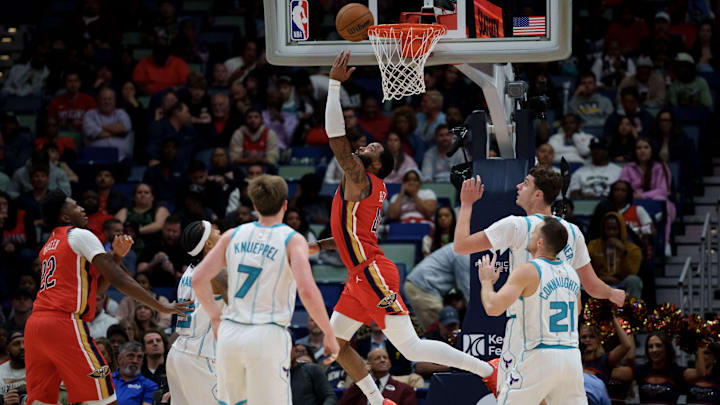 Nov 4, 2025; New Orleans, Louisiana, USA; New Orleans Pelicans guard Saddiq Bey (41) makes a layup against the Charlotte Hornets during the second half at Smoothie King Center. Mandatory Credit: Matthew Hinton-Imagn Images