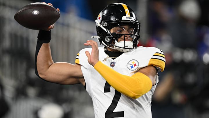 Jan 11, 2025; Baltimore, Maryland, USA; Pittsburgh Steelers quarterback Justin Fields (2) warms up before an AFC wild card game against the Baltimore Ravens at M&T Bank Stadium. Mandatory Credit: Tommy Gilligan-Imagn Images