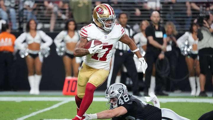 Aug 27, 2026; Paradise, Nevada, USA; San Francisco 49ers wide receiver Jordan Watkins (17) returns a kickoff against Las Vegas Raiders defensive end Cian Slone (48) during the second quarter at Allegiant Stadium. Mandatory Credit: Kirby Lee-Imagn Images Aug 27, 2026; Paradise, Nevada, USA; San Francisco 49ers wide receiver Jordan Watkins (17) returns a kickoff against Las Vegas Raiders defensive end Cian Slone (48) during the second quarter at Allegiant Stadium. Mandatory Credit: Kirby Lee-Imagn Images