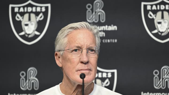 Apr 25, 2025; Henderson, NV, USA; Las Vegas Raiders head coach Pete Carroll at a news conference introducing Ashton Jeanty as the first round draft pick in the 2025 NFL Draft at Intermountain Health Performance Center. Mandatory Credit: Candice Ward-Imagn Images Apr 25, 2025; Henderson, NV, USA; Las Vegas Raiders head coach Pete Carroll at a news conference introducing Ashton Jeanty as the first round draft pick in the 2025 NFL Draft at Intermountain Health Performance Center. Mandatory Credit: Candice Ward-Imagn Images